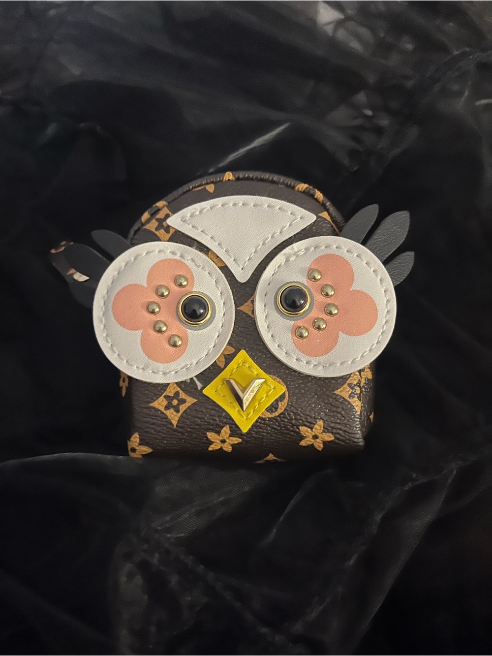 Designer-Inspired Brown Monogram Owl Bag Charm - Yellow & Pink Accents